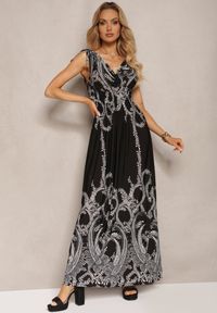 Renee - Czarna Sukienka z Gumką w Pasie i Troczkami na Ramionach z Roślinnym Wzorem Ahnipeda. Typ kołnierza: dekolt w kształcie V. Kolor: czarny. Styl: elegancki
