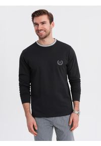 Ombre Clothing - Bawełniany longsleeve męski z dekoltem U w paski i haftem – czarny V4 - Rozmiar: XL. Kolor: czarny. Materiał: bawełna. Długość rękawa: długi rękaw. Wzór: haft, paski. Styl: sportowy #4