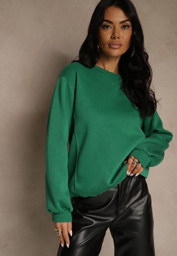 Renee - Zielona Bluza z Bawełną i Przeszyciami przy Dekolcie Fezanna. Okazja: na co dzień. Kolor: zielony. Materiał: bawełna. Styl: casual, sportowy