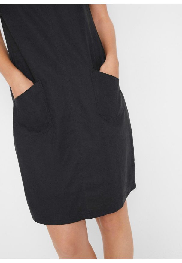 bonprix - Sukienka mini z lnem. Typ kołnierza: dekolt w serek. Kolor: czarny. Materiał: tkanina, len. Długość rękawa: krótki rękaw. Długość: midi, mini