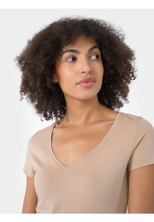4f - 4F T-shirt slim gładki damski S. Kolor: beżowy. Materiał: elastan, bawełna. Wzór: gładki
