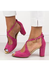 Sandały damskie skórzane na słupku Prestige 2080 Fuksja. Kolor: różowy. Materiał: skóra, zamsz. Obcas: na słupku