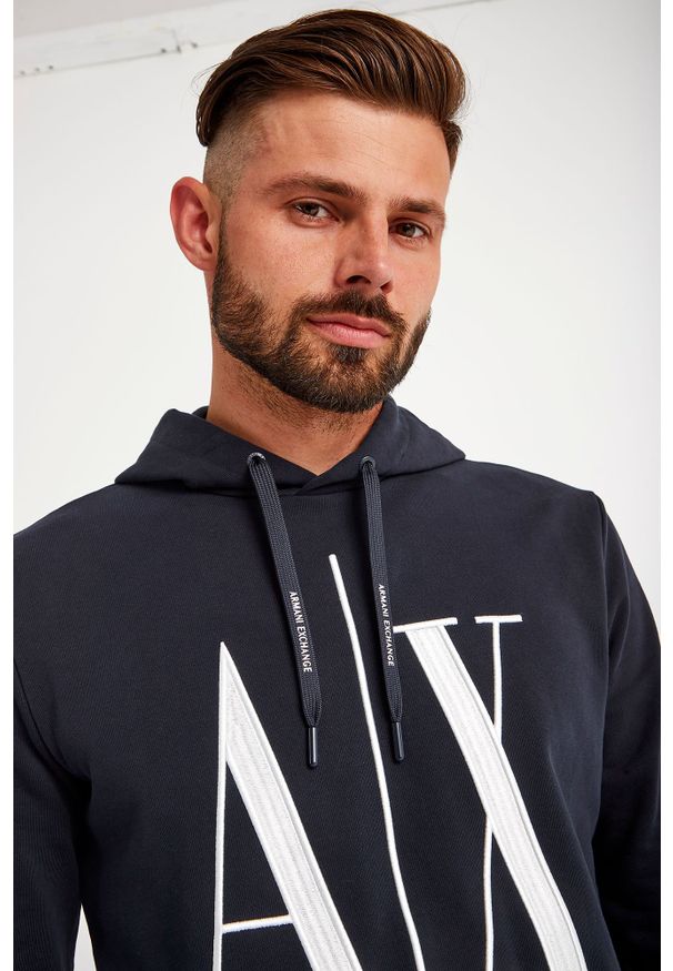 Armani Exchange - BLUZA ARMANI EXCHANGE. Typ kołnierza: kaptur. Materiał: bawełna. Długość rękawa: długi rękaw. Długość: długie. Wzór: haft