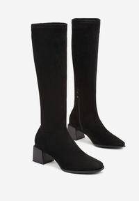 Born2be - Czarne Kozaki na Obcasie Z Dopasowaną Cholewką Haimela. Okazja: do pracy, na co dzień. Zapięcie: zamek. Kolor: czarny. Materiał: jeans, dzianina. Szerokość cholewki: normalna. Obcas: na obcasie. Styl: casual, elegancki. Wysokość obcasa: średni #4