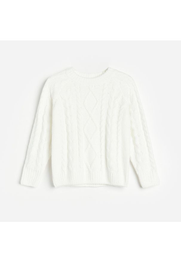 Reserved - Szenilowy sweter z warkoczowym splotem - Kremowy. Kolor: kremowy. Materiał: ze splotem