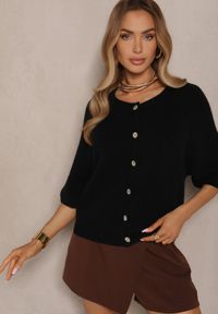 Renee - Czarny Kardigan z Rękawem 3/4 z Dodatkiem Wełny Iffarisse. Okazja: na co dzień, na spotkanie biznesowe. Kolor: czarny. Materiał: wełna. Styl: biznesowy, elegancki, casual