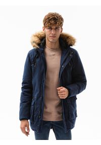 Ombre Clothing - Kurtka męska zimowa parka z dużymi kieszeniami - ciemnoniebieska V2 C512 - L. Kolor: niebieski. Materiał: bawełna, poliester, futro, syntetyk. Sezon: zima #4