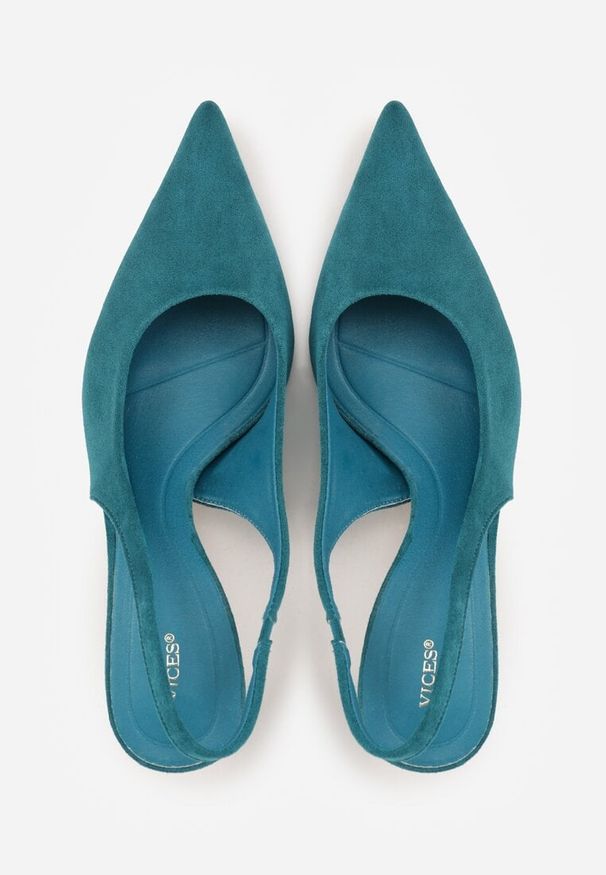 Renee - Zielone Czółenka Slingback VICES na Kaczuszce Anatera. Okazja: na co dzień. Zapięcie: bez zapięcia. Kolor: niebieski. Materiał: zamsz, jeans. Obcas: na szpilce. Styl: elegancki, casual. Wysokość obcasa: średni