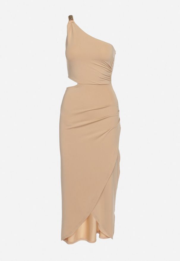 Born2be - Beżowa Asymetryczna Sukienka Koktajlowa na Jedno Ramię z Wycięciem i Metalową Klamrą Violea. Okazja: na imprezę. Kolor: beżowy. Długość rękawa: długi rękaw. Typ sukienki: asymetryczne. Styl: wizytowy