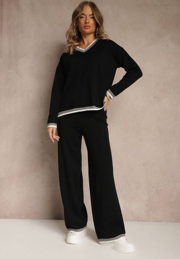 Renee - Czarny Komplet Dzianinowy Sweter i Spodnie Wide Leg z Ozdobną Lamówką Ralenia. Kolor: czarny. Materiał: dzianina. Wzór: aplikacja
