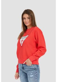 Guess - GUESS Czerwona damska bluza z dużym logo Original Fleece, Rozmiar S. Okazja: na co dzień. Typ kołnierza: bez kaptura. Kolor: czerwony. Materiał: materiał, poliester, bawełna. Styl: casual