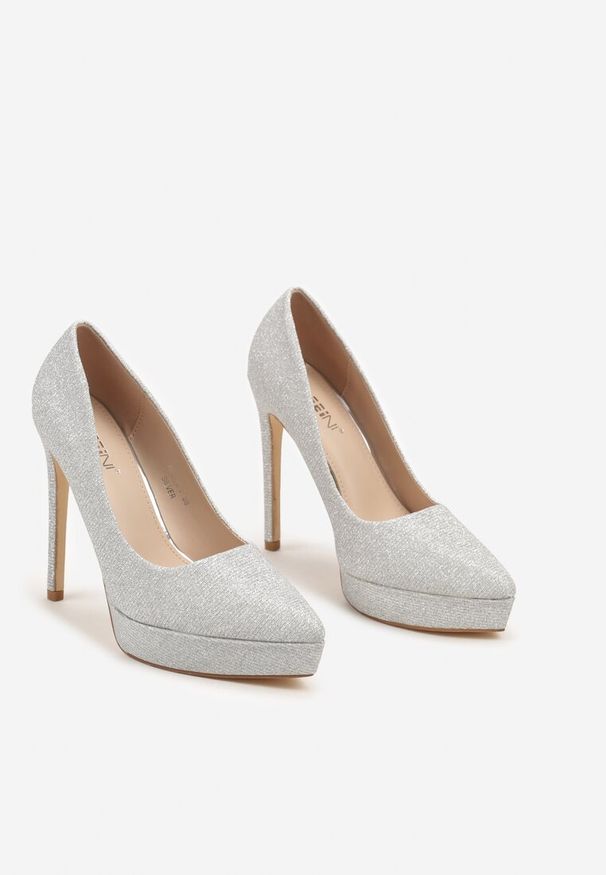 Renee - Srebrne Eleganckie Brokatowe Szpilki na Platformie w Klasycznym Stylu Navienne. Okazja: na spotkanie biznesowe, na co dzień, do pracy. Kolor: srebrny. Obcas: na platformie. Styl: elegancki, klasyczny