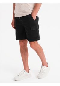Ombre Clothing - Męskie spodenki bawełniane cargo z elastycznym pasem – czarne V4 - Rozmiar: M. Okazja: na co dzień. Kolor: czarny. Materiał: bawełna. Sezon: lato. Styl: casual #3