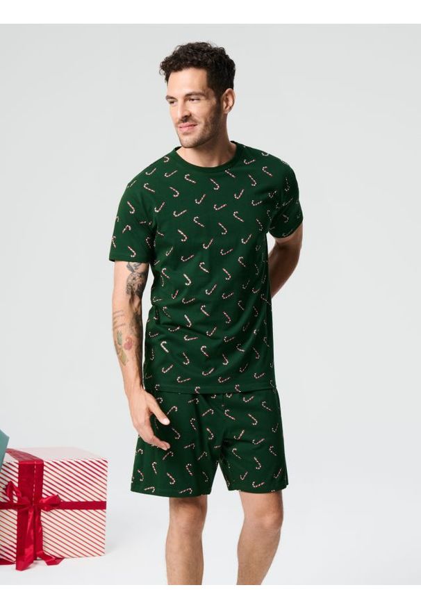 Sinsay - Piżama dwuczęściowa - zielony. Kolor: zielony. Materiał: bawełna. Długość: krótkie