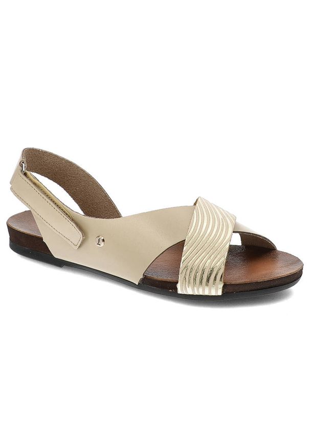 Beżowe Sandały Lemar Modne Buty Na Lato. Zapięcie: rzepy. Kolor: beżowy. Materiał: skóra. Wzór: aplikacja. Sezon: lato. Obcas: na obcasie. Styl: elegancki. Wysokość obcasa: niski