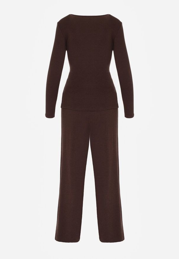 Born2be - Brązowy Bawełniany Komplet Kopertowa Bluzka z Długim Rękawem i Spodnie Ferenna. Kolor: brązowy. Materiał: bawełna