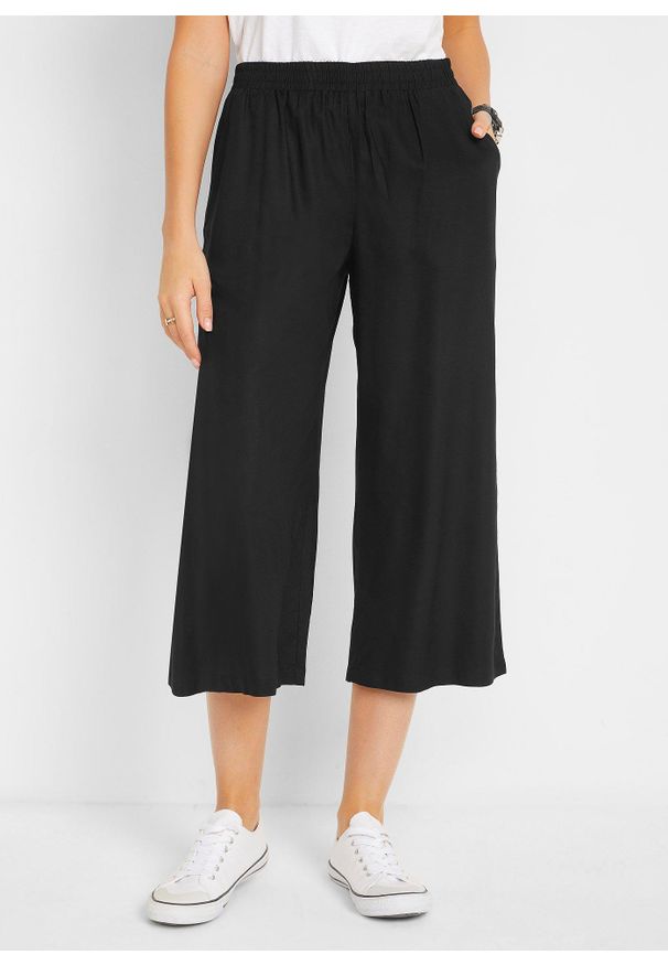 bonprix - Spodnie 3/4 z elastyczną gumką w talii, z wiskozy. Kolor: czarny. Materiał: wiskoza