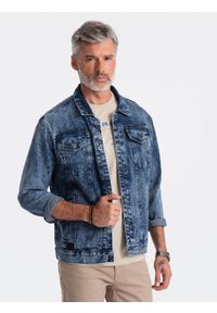 Ombre Clothing - Jeansowa kurtka męska katana z washem – niebieska V4. Okazja: na co dzień. Kolor: niebieski. Materiał: jeans. Styl: casual