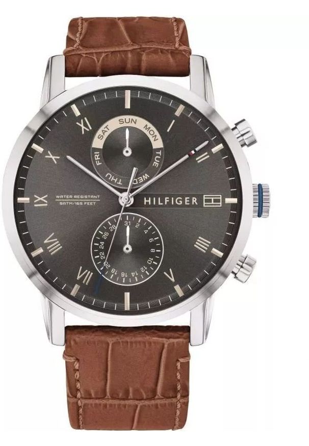 TOMMY HILFIGER - Zegarek Tommy Hilfiger Męski Zegarek Kane 1710398 Klasyka Srebra, Brązu i Czerni. Kolor: brązowy
