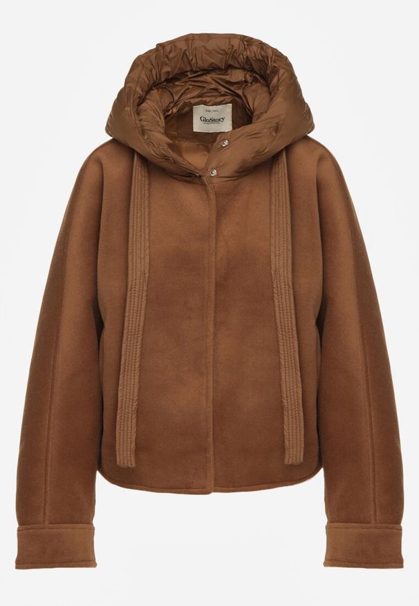 Renee - Brązowa Nietoperzowa Kurtka Przejściowa z Kapturem Amiree. Okazja: na co dzień. Typ kołnierza: kaptur. Kolor: brązowy. Materiał: dzianina. Długość: krótkie. Styl: casual