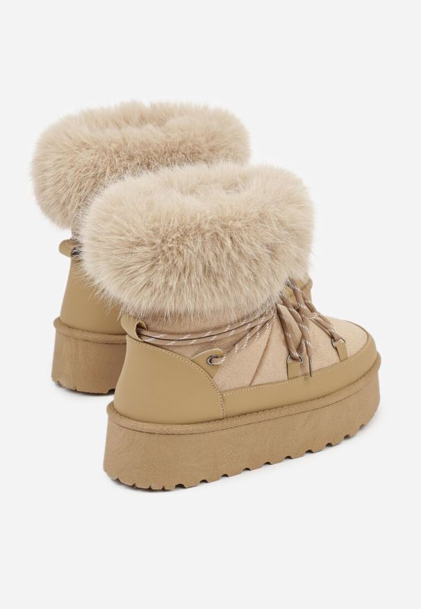 Born2be - Ciemnobeżowe Śniegowce na Grubej Podeszwie z Futerkiem Tesila. Okazja: na co dzień. Kolor: beżowy. Materiał: futro. Styl: casual