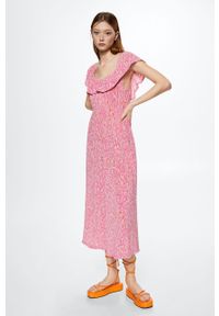 mango - Mango sukienka Soraya kolor różowy midi rozkloszowana. Typ kołnierza: dekolt hiszpanka. Kolor: różowy. Materiał: tkanina, włókno. Typ sukienki: rozkloszowane. Długość: midi #5