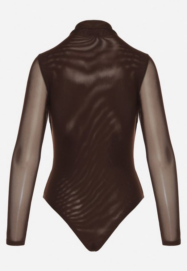 Born2be - Brązowe Siateczkowe Body z Dodatkiem Wiskozy z Długim Rękawem i Stójką Lianasia. Okazja: na co dzień. Typ kołnierza: kołnierzyk stójkowy. Kolor: brązowy. Materiał: wiskoza. Długość rękawa: długi rękaw. Długość: długie. Styl: casual