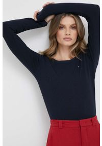 TOMMY HILFIGER - Tommy Hilfiger longsleeve damski kolor granatowy. Kolor: niebieski. Materiał: materiał, dzianina, prążkowany. Długość rękawa: długi rękaw. Długość: długie. Wzór: aplikacja #1