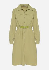 Born2be - Ciemnozielona Sukienka Midi z Gumką w Pasie i Dodatkowym Paskiem ze Sprzączką Zawadi. Kolor: zielony. Styl: elegancki. Długość: midi #3