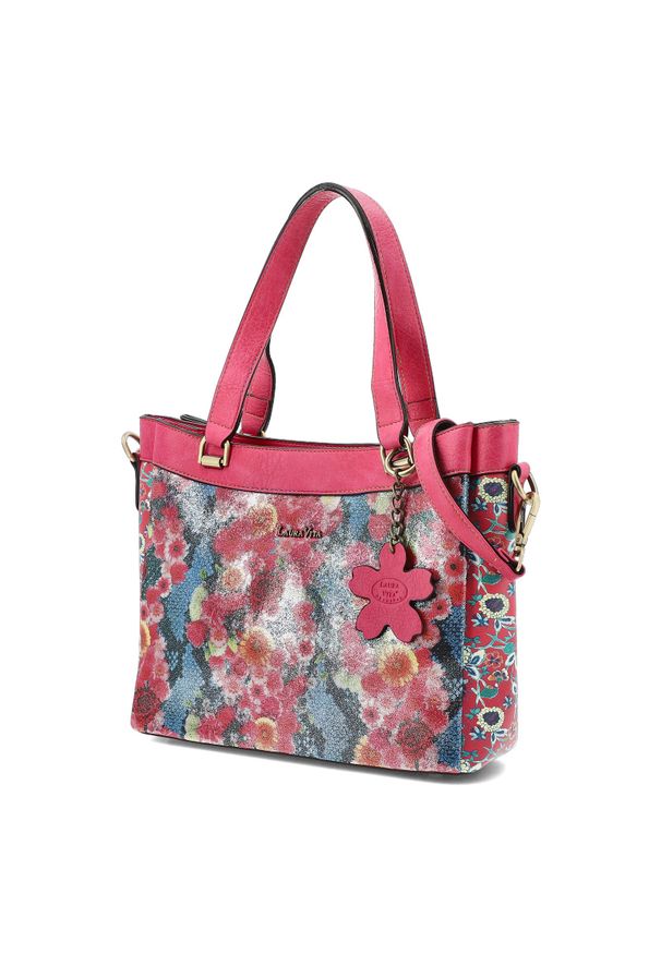 Torebka damska Laura Vita, z materiału syntetycznego z dekoracyjnym nadrukiem kwiatowym krótkie uchwyty do noszenia w dłoni regulowany pasek na ramię. Kolor: różowy. Wzór: nadruk, kwiaty. Styl: elegancki, casual. Rodzaj torebki: na ramię