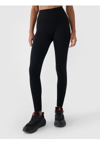 4f - 4F Legginsy treningowe bezszwowe damskie - czarne XS/S. Stan: podwyższony. Kolor: czarny. Materiał: dzianina, włókno, syntetyk, materiał, prążkowany, elastan. Wzór: gładki, ze splotem, jednolity. Sport: fitness