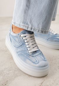 Born2be - Niebieskie Sneakersy na Grubej Podeszwie Ozdobione Denimem Eriphithea. Okazja: na co dzień. Kolor: niebieski. Materiał: denim. Wzór: aplikacja #4