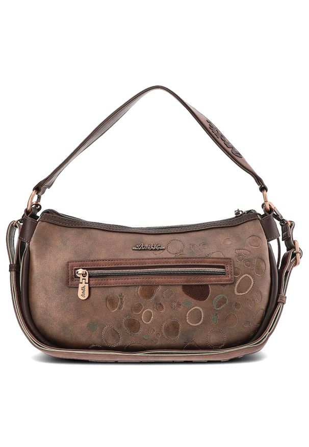 Brązowa Elegancka Torebka Damska Anekke Z Laleczką. Kolor: brązowy. Wzór: aplikacja. Materiał: zdobione. Styl: elegancki. Rodzaj torebki: na ramię