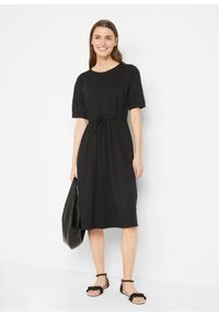 bonprix - Sukienka midi z bawełny z przeszyciem cienkimi gumkami i kieszeniami. Kolor: czarny. Materiał: bawełna. Długość: midi