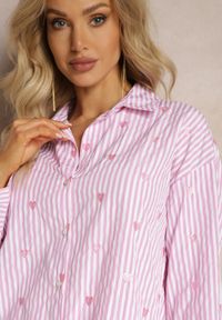 Renee - Różowa Koszula z Bawełny w Paski z Wyhaftowanymi Serduszkami Aleriesa. Kolor: różowy. Materiał: bawełna. Wzór: paski #2