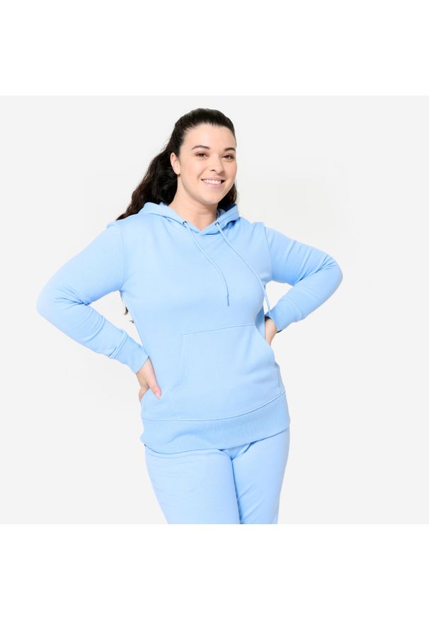 DOMYOS - Bluza z kapturem damska Domyos Gym & Pilates. Typ kołnierza: kaptur. Kolor: niebieski. Materiał: tkanina, prążkowany, poliester, materiał, bawełna, włókno, elastan. Długość: długie. Sport: joga i pilates