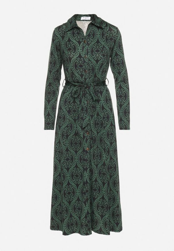 Born2be - Zielona Koszulowa Sukienka z Wiskozą w Ornamentalny Wzór z Wiązanym Paskiem Evathria. Okazja: na co dzień. Kolor: zielony. Materiał: wiskoza. Typ sukienki: koszulowe. Styl: casual, elegancki, klasyczny