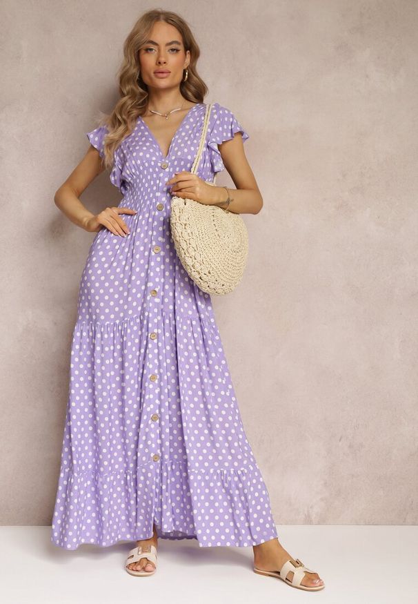 Renee - Fioletowa Rozkloszowana Sukienka Maxi w Kropki z Gumką w Talii Janey. Okazja: na co dzień, na imprezę. Kolor: fioletowy. Wzór: kropki. Styl: casual. Długość: maxi