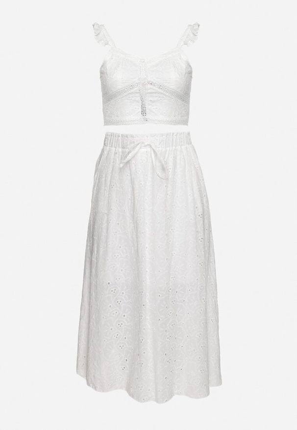 Born2be - Biały Komplet w Stylu Boho Koronkowy Top i Spódnica Rozkloszowana z Gumką w Pasie Sovemia. Kolor: biały. Materiał: koronka. Wzór: aplikacja