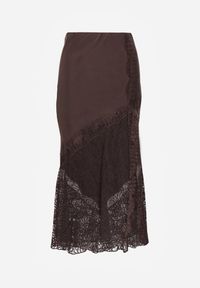 Renee - Brązowa Satynowa Spódnica Ozdobiona Rozcięciem na Nogę i Koronką Saviraet. Kolor: brązowy. Materiał: satyna, koronka. Wzór: aplikacja, koronka. Styl: elegancki #5