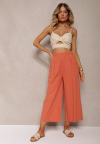Renee - Pomarańczowe Szerokie Spodnie z Gumką w Pasie Vithan. Kolor: pomarańczowy. Materiał: bawełna, tkanina
