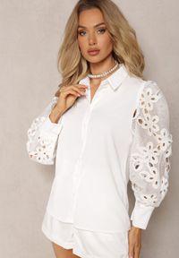 Renee - Biała Koszula z Eleganckimi Rękawami Ozdobionymi Ażurową Koronką Urecca. Kolor: biały. Materiał: koronka. Wzór: aplikacja, ażurowy, koronka. Styl: elegancki #5