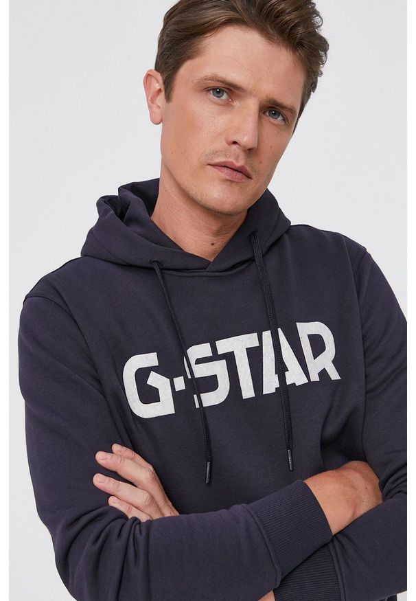G-Star RAW - G-Star Raw Bluza męska kolor granatowy z kapturem z aplikacją. Okazja: na co dzień. Typ kołnierza: kaptur. Kolor: niebieski. Materiał: dzianina, poliester. Wzór: aplikacja. Styl: casual
