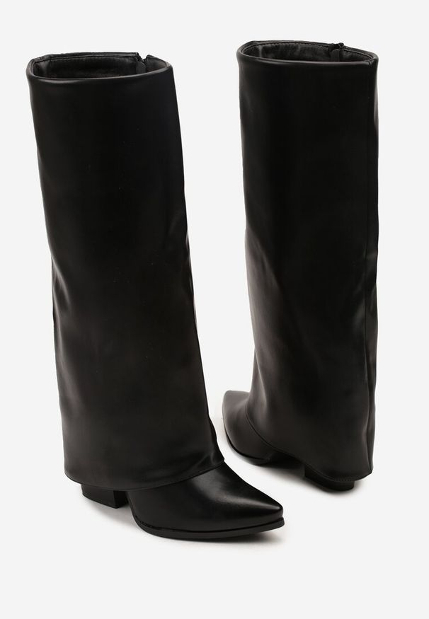 Born2be - Czarne Kozaki Typu Kowbojki na Stożku z Wywiniętą Cholewką Nalloria. Okazja: na co dzień. Kolor: czarny. Szerokość cholewki: normalna. Obcas: na stożku. Styl: casual, klasyczny. Wysokość obcasa: średni