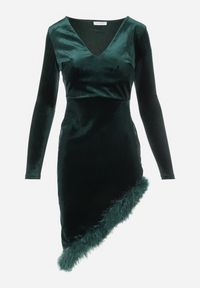 Born2be - Ciemnozielona Sukienka Asymetryczna z Piórami Fizie. Kolor: zielony. Długość rękawa: długi rękaw. Wzór: aplikacja. Typ sukienki: asymetryczne