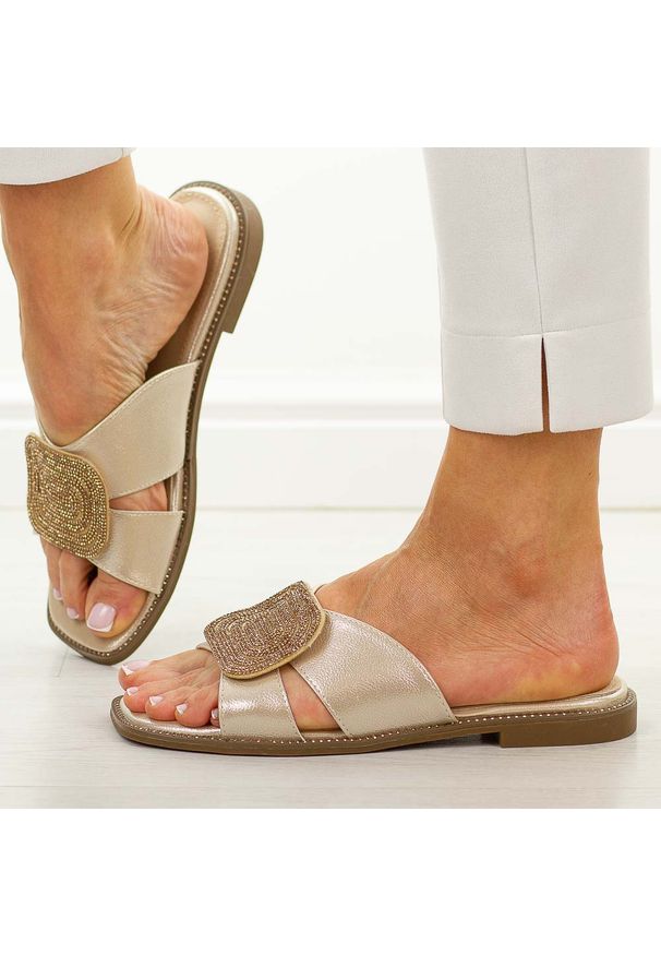 POTOCKI - Złote klapki damskie Potocki 43344. Okazja: na spacer, na co dzień. Kolor: złoty. Materiał: skóra. Wzór: aplikacja. Sezon: wiosna, lato. Obcas: na obcasie. Styl: casual, elegancki, klasyczny. Wysokość obcasa: niski