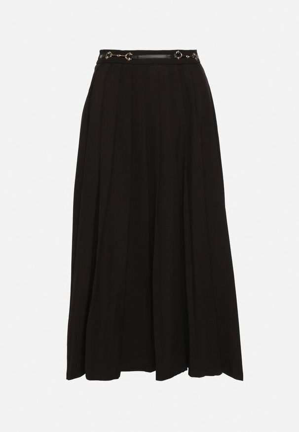 Born2be - Czarna Plisowana Spódnica Rozkloszowana z Klamerkami w Talii Drucila. Kolor: czarny. Wzór: aplikacja. Styl: elegancki