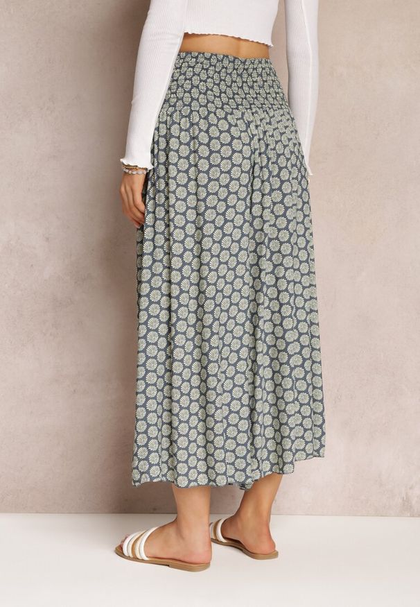 Renee - Granatowo-Zielone Szerokie Spodnie Bawełniane z Wysokim Stanem i Długością 7/8 Jorste. Stan: podwyższony. Kolor: niebieski. Materiał: bawełna