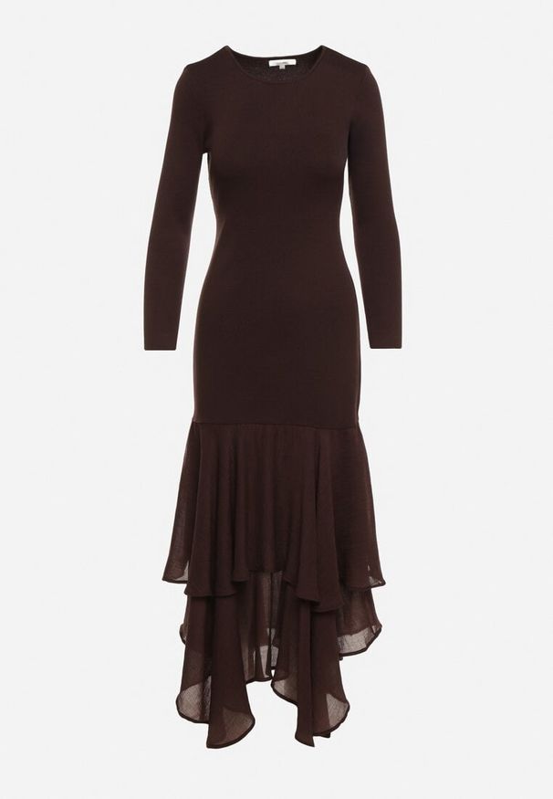 Born2be - Brązowa Sukienka z Wiskozą o Dopasowanym Kroju z Falbanami u Dołu Vebmara. Okazja: na randkę. Kolor: brązowy. Materiał: wiskoza. Typ sukienki: dopasowane. Styl: elegancki