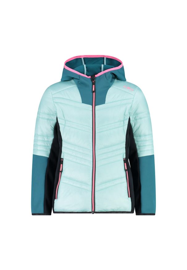 Dziewczęca kurtka hybrydowa z kapturem CMP. Typ kołnierza: kaptur. Kolor: niebieski. Materiał: softshell, puch. Sport: turystyka piesza